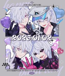  4boys add_(elsword) balloon black_gloves black_sclera bright_pupils character_name closed_mouth colored_sclera commentary_request confetti dated dominator_(elsword) doom_bringer_(elsword) elsword gloves hair_between_eyes hair_over_one_eye hand_up hands_up happy_birthday hat heart heart_balloon highres kas2a_rr korean_commentary long_hair looking_at_viewer mad_paradox_(elsword) male_focus middle_finger mismatched_pupils multiple_boys multiple_persona ok_sign open_mouth overmind_(elsword) peaked_cap ponytail power_symbol-shaped_pupils scar scar_on_neck sharp_teeth short_hair single_sidelock smile symbol-shaped_pupils teeth upper_body v violet_eyes white_gloves white_hair white_hat white_pupils 