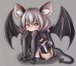  1girl :i alternate_costume alvis_(artist) animal_ears bat_wings black_panties bridal_gauntlets buckle commentary_request garter_straps grey_background head_rest lavender_hair leg_hug looking_at_viewer mouse_ears nazrin no_shoes panties pout red_eyes shadow short_hair simple_background sitting solo tail tears thigh-highs touhou underwear wings 