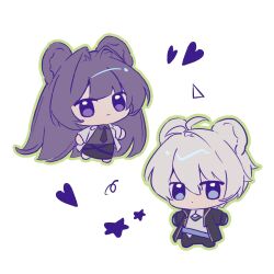  00quanta 1boy 1girl animal_ears bear_boy bear_ears bear_girl black_coat black_skirt blue_eyes blunt_bangs chibi chibi_only chinese_commentary closed_mouth coat collared_shirt commentary_request couple grey_shirt hair_between_eyes honkai_(series) honkai_impact_3rd kevin_kaslana long_hair long_sleeves looking_at_viewer mei_(honkai_impact) necktie open_clothes open_coat pants purple_hair shade shirt skirt violet_eyes white_coat white_hair 