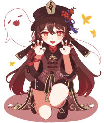  1girl absurdres black_dress black_hat black_nails black_shoes boo_tao_(genshin_impact) brown_hair bug butterfly claw_pose commentary_request dress flower-shaped_pupils genshin_impact hat highres hu_tao_(genshin_impact) long_hair looking_at_viewer nail_polish open_mouth red_eyes shoes smile solo symbol-shaped_pupils very_long_hair white_background y_w_uuu 