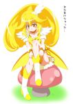  blonde_hair blush boots cure_peace kise_yayoi leg_up magical_girl mikagami_sou mushroom precure sitting smile_precure! solo translated undressing white_background yellow_eyes 