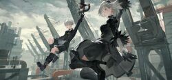 1boy 1girl 2b_(nier:automata) 9s_(nier:automata) absurdres android artistic_error black_boots black_choker black_dress black_gloves black_hairband black_jacket black_shorts boots buttons choker clouds commentary_request double-breasted dress factory feather-trimmed_sleeves gloves grey_hair hairband high_heel_boots high_heels highres hokago-tt jacket juliet_sleeves long_sleeves midair mole mole_under_mouth nier:automata nier_(series) no_blindfold non-humanoid_robot outdoors pod_(nier:automata) puffy_sleeves robot shoe_soles short_hair shorts simple_bird thigh_boots 