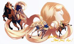  2026 4boys absurdly_long_hair argyle_clothes argyle_sweater arm_warmers black_boots blonde_hair blue_eyes blue_pants blue_shirt boots brown_cape brown_hat brown_pants cape commentary cowboy_hat diego_brando english_commentary funny_valentine green_helmet green_sweater gyro_zeppeli hat heart_ornament helmet highres holding holding_reins holster hood hood_down hoodie horse horseback_riding jodhpurs johnny_joestar jojo_no_kimyou_na_bouken long_hair m1prapa male_focus multiple_boys pants reins riding shirt short_sleeves silver_bullet_(jojo) slow_dancer_(jojo) smile steel_ball_run sweater valkyrie_(jojo) very_long_hair white_background white_hat white_hoodie 