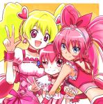  3girls blonde_hair blue_eyes choker color_connection cure_happy cure_melody cure_peach fresh_precure! heart hoshizora_miyuki houjou_hibiki long_hair magical_girl midriff momozono_love multiple_girls pink_eyes pink_hair precure smile smile_precure! suite_precure twintails v yellow_background 