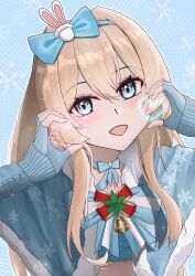  1girl aazz226652 absurdres blonde_hair blue_dress blue_eyes blue_hairband blue_jacket blue_ribbon dress fur_choker fur_trim girls'_frontline_2:_exilium girls_frontline hair_ornament hairband highres jacket looking_at_viewer official_alternate_costume open_mouth ribbon simple_background snowflake_hair_ornament suomi_(girls'_frontline) suomi_(korvatunturi_pixie)_(girls'_frontline) 