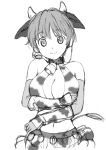  animal_ears bare_shoulders bell bell_collar breast_hold breasts cleavage collar cow_bell cow_ears cow_horns cow_print cow_tail echolocation elbow_gloves gloves greyscale horns idolmaster idolmaster_cinderella_girls large_breasts monochrome navel oikawa_shizuku short_hair sketch smile solo tail 