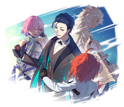  2boys 2girls armor back-to-back black_hair closed_eyes closed_mouth commentary crying english_commentary fate/grand_order fate_(series) fujimaru_ritsuka_(female) fujimaru_ritsuka_(female)_(decisive_battle_chaldea_uniform) gloves green_eyes height_difference holding holding_smoking_pipe long_sleeves looking_at_another mash_kyrielight mash_kyrielight_(paladin) multiple_boys multiple_girls open_mouth orange_hair pink_hair profile sherlock_holmes_(fate) signature smile smoking_pipe solomon_(fate) spoilers tooaya white_hair 