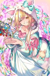  1girl absurdres animal_ears animal_hood blonde_hair blue_hoodie character_doll commentary_request dark-skinned_female dark_elf dark_skin doll elf fake_animal_ears highres hololive hood hoodie houshou_marine looking_at_viewer low_twintails multicolored_hair official_alternate_costume one_eye_closed orange_eyes pointy_ears rabbit_hood shiranui_flare shiranui_flare_(loungewear) shirogane_noel solo streaked_hair twintails usada_pekora virtual_youtuber white_streaks yuutarou_(fukiiincho) 