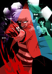 2boys 2d asuka_ryou black_hair blonde_hair blood bottle coat concert crazy devilman devilman:_the_birth/the_demon_bird eyelashes fudou_akira glass glass_bottle leg1228 lights male male_focus male_only open_mouth shirtless short_hair sparkle striped_clothes worried