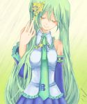  alternate_hair_color alternate_hairstyle bare_shoulders closed_eyes detached_sleeves eyes_closed fang_xue_jun gradient gradient_background green_hair hatsune_miku highres long_hair necktie smile solo star very_long_hair vocaloid 