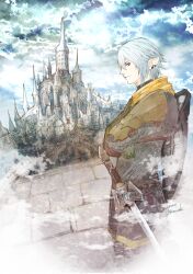  1boy armor blue_eyes blue_hair chainmail city closed_mouth commentary_request copyright_name crossed_arms earrings elezen elf final_fantasy final_fantasy_xiv gloves green_gloves haurchefant_greystone in-universe_location ishgard_(ff14) jewelry male_focus outdoors pointy_ears ruka_(blueplus84) shield shield_on_back short_hair sky smile solo sword twitter_username weapon 