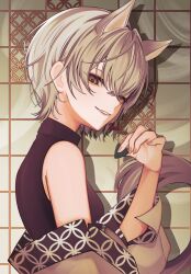  animal_ears bare_shoulders berrytrt black_shirt earrings green_eyes grey_hair highres hinomori_shiho holding holding_plectrum jewelry kawaranu_atatakasa_no_tonari_de_(project_sekai) looking_at_viewer official_alternate_costume official_alternate_hairstyle origami paper_crane plectrum project_sekai shirt short_hair single_earring sleeveless sleeveless_turtleneck turtleneck 