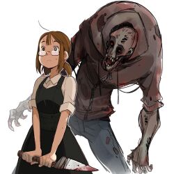  1boy 1girl ahoge behind_another black-framed_eyewear black_sclera blind_eye blood blood_on_knife brown_eyes brown_hair cataclysm:_dark_days_ahead collared_shirt colored_sclera colored_skin cowboy_shot denim dress grey_skin height_difference highres holding holding_knife hood hoodie incoming_attack jeans knife looking_at_another outline pants pinafore_dress raised_eyebrows red_eyes semi-rimless_eyewear shaun_healey shirt sidelocks simple_background sleeveless sleeveless_dress sleeves_rolled_up sweatdrop torn_skin twintails two-handed under-rim_eyewear v_arms white_background white_outline white_shirt zombie 