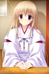  1girl blonde_hair breasts choco_chip game_cg highres japanese_clothes large_breasts long_hair looking_at_viewer medium_breasts miko pov_across_table sara_sara_sasara shirotae_aya sitting smile solo violet_eyes 