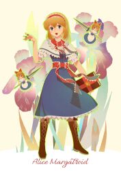  1girl :d alice_margatroid blonde_hair blue_dress blue_eyes blush book boots bow brown_boots capelet character_name chenwei_jun chinese_commentary commentary_request doll dress floral_background flower frilled_hairband frills full_body grimoire grimoire_of_alice hair_bow hairband hand_up highres holding holding_book holding_polearm holding_weapon iris_(flower) jewelry knee_boots lace-up_boots lance leaf legs_apart lolita_hairband long_dress long_hair looking_at_viewer medium_hair open_mouth oversized_flower polearm puppet_rings purple_flower red_bow red_hairband ring shanghai_doll smile solo standing touhou weapon white_capelet yellow_background 