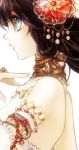  arm_up armlet bare_shoulders black_hair blue_eyes collar fingernails hair_ornament hair_tubes jewelry lipstick long_hair lowres makeup nail_polish necklace original ring simple_background solo souya_touki white_background 
