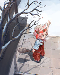 1girl animal_ears arm_up blue_eyes broom brown_hair commentary_request extra_ears hair_ornament highres horse_ears horse_girl horse_tail japanese_clothes kemono_friends long_hair mcgunngu miko monkey_ears monkey_girl multicolored_hair outdoors pink_hair ponytail sandals shinme_(kemono_friends) snow solo tabi tail two-tone_hair zouri