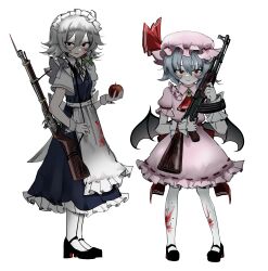  2girls absurdres ak-47 antique_firearm apple apron assault_rifle blood blood_on_clothes blood_on_face blue_dress commentary dress english_commentary firelock flintlock food fruit gun highres izayoi_sakuya kalashnikov_rifle looking_at_viewer maid maid_headdress multiple_girls ougiikun pink_dress remilia_scarlet rifle smile touhou weapon weapon_request white_apron 