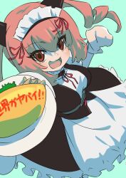  1girl akiha_rumiho animal_ear_hairband animal_ears belt_around_waist belt_buckle buckle cat_day cat_ears drill_hair fake_animal_ears food frills hairband highres long_hair looking_at_viewer maid maid_headdress mayqueen_maid_uniform omelet omurice open_mouth paw_pose pink_eyes pink_hair puffy_short_sleeves puffy_sleeves sadarann science_adventure short_sleeves smile solo steins;gate tsurime twin_drills twintails 
