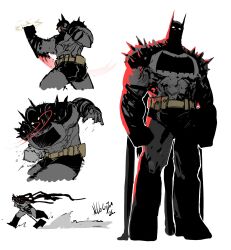  1boy absolute_batman absolute_dc back_spikes bat_mask batman batman_symbol belt bodysuit commentary cowl dc_comics english_commentary fighting_stance grey_bodysuit highres kjlbs male_focus multicolored_bodysuit muscular muscular_male solo superhero_costume tall_male taut_bodysuit two-tone_bodysuit utility_belt 