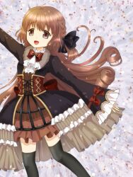  1girl black_bow black_bowtie black_eyes black_thighhighs bow bowtie braid brown_hair curly_hair dress frilled_dress frilled_skirt frills gothic_lolita highres lolita_fashion magia_record:_mahou_shoujo_madoka_magica_gaiden magical_girl mahou_shoujo_madoka_magica mahou_shoujo_madoka_magica_magia_exedra open_mouth satomi_touka skirt smile thigh-highs user_axya3525 