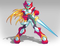  1girl armor assault_visor blonde_hair breasts cosplay em_wave_change_(mega_man) energy_sword forehead_jewel gradient_background grey_background hand_on_own_hip helmet high_school_dxd highres holding holding_weapon long_hair mega_man_(series) mega_man_star_force_(series) mega_man_x_(series) red_helmet rias_gremory shadow simple_background standing sword ultimatemaverickx weapon zero_(mega_man) zero_(mega_man)_(cosplay) 