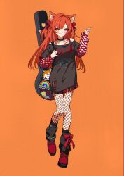  1girl absurdres animal_ear_fluff animal_ears arm_up baggy_clothes black_choker black_shirt blush boots bow breasts choker commentary_request fishnet_arm_warmers fishnet_pantyhose fishnet_thighhighs fishnets guitar_case hair_bow hair_ornament hairclip heart heart_o-ring highres instrument_case long_hair long_sleeves looking_at_viewer medium_breasts miniskirt nijisanji nishinoda o-ring off-shoulder_shirt off_shoulder orange_background orange_eyes orange_hair pantyhose parallel_hairclips plaid_clothes plaid_skirt pleated_skirt punk ratna_petit red_boots red_bow red_panda red_panda_ears red_panda_girl red_skirt shirt skirt sleeves_past_wrists smile solo teeth thigh-highs two_side_up virtual_youtuber 