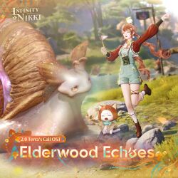  1girl 3d ^_^ album_cover ambird_(infinity_nikki) animal animal_on_head ankle_socks aqua_overalls aqua_scarf argyle_clothes argyle_socks artist_request bee_print belt bird bird_on_head blue_sky boots bow bow_choker bowtie brown_belt brown_boots brown_cloak brown_hair cat choker cloak closed_eyes clothed_animal copyright_logo cover crying drill_hair ear_covers earrings english_text flag forest frilled_jacket frilled_sleeves frilled_socks frills fringe_trim full_body hair_ornament hairclip happy highres holding holding_flag hood hood_up hooded_cloak in-universe_location infinity_nikki jacket jewelry knees lace-up_boots leg_up logo long_hair long_sleeves momo_(nikki) mushroom nature nikki_(series) official_alternate_costume official_art on_head open_clothes open_jacket open_mouth overalls oversized_animal plaid_clothes plaid_scarf pocket pom_pom_(clothes) pom_pom_earrings print_overalls puffy_long_sleeves puffy_sleeves red_jacket river rock scarf second-party_source shadow sign sitting sky smile snail socks stylist_(nikki) teeth thigh_belt thigh_strap title twin_drills upper_teeth_only very_long_hair wavy_hair white_cat white_socks wind yellow_bow yellow_bowtie yellow_choker 