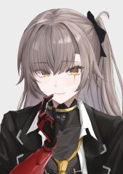 1girl :3 absurdres black_jacket brown_hair collared_shirt commentary_request finger_to_mouth girls'_frontline_2:_exilium girls_frontline highres jacket leva_(girls'_frontline_2) long_hair looking_at_viewer loose_necktie mechanical_arms necktie one_side_up open_clothes prosthesis prosthetic_arm satsumaagee scar scar_across_eye scar_on_face shirt simple_background single_mechanical_arm solo ump45_(girls'_frontline) white_shirt yellow_eyes yellow_necktie 
