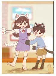  1boy 1girl :d :o aged_down animal_ear_hairband animal_ears animal_hands black_eyes black_hair black_hairband black_socks black_tail blue_sky blue_sweater blurry blurry_background border bow bowtie bright_pupils brother_and_sister brown_shorts carpet cat_ear_hairband cat_ears cat_tail child chinese_commentary clouds collared_shirt commentary_request day dot_nose dress fake_animal_ears fake_tail fangs full_body game_screenshot_background hair_behind_ear hairband hatching_(texture) highres indoors kneehighs kuriki90333 long_hair long_sleeves looking_at_another looking_back looking_down mari_(faraway)_(omori) mari_(omori) medium_dress no_sclera no_shoes omori open_mouth outstretched_arms pinafore_dress puffy_long_sleeves puffy_short_sleeves puffy_sleeves purple_dress red_bow red_bowtie screenshot_background shadow shirt short_hair short_sleeves shorts siblings sky sleeveless sleeveless_dress smile socks standing standing_on_one_leg straight_hair sunny_(omori) sweatdrop sweater tail tareme teeth tongue upper_teeth_only very_short_hair white_border white_hairband white_pupils white_shirt white_socks white_tail window wooden_floor 
