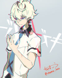  1boy absurdres agata_katsuhira blue_necktie chama_kou chromatic_aberration closed_mouth collared_shirt commentary_request expressionless grey_background highres kiznaiver male_focus necktie scar scar_on_arm shirt short_hair short_sleeves simple_background solo twitter_username upper_body white_hair 