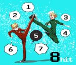  1girl aqua_eyes battle blonde_hair brother_and_sister grin hair_ornament hair_ribbon hairclip highres kagamine_len kagamine_rin kicking kunieda_(miniaturegarden) number ribbon short_hair siblings smile track_suit twins vocaloid 