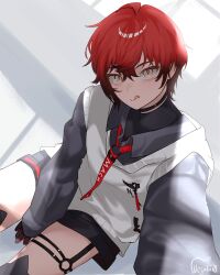  1boy absurdres bishounen black_choker black_gloves black_shirt black_shorts choker collared_shirt gloves hair_between_eyes highres holostars holostars_english looking_at_viewer machina_x_flayon male_focus nesaki orange_eyes red_hair shirt short_hair shorts solo sweater_vest thigh_strap tongue tongue_out virtual_youtuber white_sweater_vest 