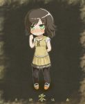  brown_hair chibi dress fatal_frame fatal_frame_4 green_eyes jewelry minazuki_ruka necklace noto-kanna pantyhose shoes short_hair solo text 