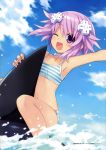  ;d absurdres arm_up armpits bare_shoulders bikini blue_sky choker choujigen_game_neptune cloud clouds flat_chest hair_ornament highres inflatable_dolphin neptune_(choujigen_game_neptune) official_art open_mouth purple_eyes purple_hair shark short_hair sky smile solo splash splashing straddle striped striped_bikini striped_swimsuit swimsuit tsunako violet_eyes wink 