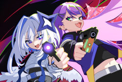  2girls aiming aiming_at_viewer amane_kanata black_shirt blue_eyes blue_hair blue_jacket commentary finger_on_trigger glint green_eyes gun halo highres holding holding_gun holding_weapon hololive jacket long_hair multiple_girls navel numzawa purple_hair shirt short_hair star_halo symbol-only_commentary tokoyami_towa virtual_youtuber weapon white_jacket 