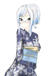  bad_id blue_eyes blue_hair glasses highres japanese_clothes kimono nekobaka obi original ponytail red-framed_glasses smile solo white_background 