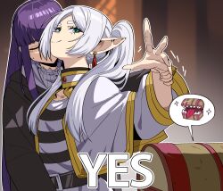  2girls belt black_belt black_robe black_shirt blunt_bangs capelet closed_eyes closed_mouth collar commentary earrings elf english_text eyelashes fern_(sousou_no_frieren) frieren frieren_stuck_in_a_mimic_(meme) frilled_collar frills gamjasssak green_eyes highres holding_another's_wrist hooded_robe jewelry korean_commentary long_hair looking_at_viewer meme mimic mimic_chest multiple_girls outline parted_bangs pointy_ears purple_hair robe shirt skirt smile sousou_no_frieren standing striped_clothes striped_shirt sweatdrop teardrop_earrings thick_eyebrows treasure_chest twintails two-tone_shirt upper_body white_capelet white_hair white_outline white_shirt white_skirt yes 