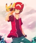  1boy black_hair brown_hair denim fingerless_gloves gloves hat holding holding_poke_ball ice jacket pikachu poke_ball pokemon pokemon_(creature) pokemon_(game) pokemon_frlg pokemon_gsc pokemon_hgss red_(pokemon) red_(pokemon)_(classic) red_(pokemon)_(remake) red_eyes shiuka snow 