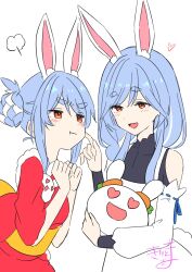  2girls :t absurdres animal_ear_fluff animal_ears bare_shoulders blue_hair blush braid closed_mouth commentary_request dress hands_up heart heart-shaped_eyes highres hololive japanese_clothes kimono kiritoma long_sleeves mother_and_daughter multicolored_hair multiple_girls obi pekomama pekomon_(usada_pekora) pout puffy_long_sleeves puffy_sleeves rabbit-shaped_pupils rabbit_ears red_eyes red_kimono sash short_eyebrows signature simple_background streaked_hair symbol-shaped_pupils thick_eyebrows two-tone_hair usada_pekora usada_pekora_(new_year) v-shaped_eyebrows white_background white_dress white_hair 
