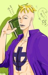  2boys abs anchor_tattoo beard_stubble blonde_hair book chest_tattoo cigarette collared_shirt commentary_request facial_hair highres holding holding_book lockxxxlack looking_at_viewer male_focus marco_(one_piece) multiple_boys one_piece purple_shirt shadow shanks_(one_piece) shirt short_hair stubble tattoo upper_body 