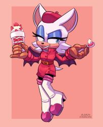  1girl absurdres animal_ears animal_nose artist_name bat_ears bat_girl bat_tail belt belt_buckle boots border brown_gloves buckle buttons coat commentary double-breasted english_commentary fang flipped_hair flying food fruit full_body furry furry_female gloves grin half-closed_eyes happy high_heel_boots high_heels highres holding holding_spoon lemon_eyebrows long_sleeves outside_border parfait rouge_the_bat rouge_the_bat_(trench_coat) short_hair simple_background smile solo sonic_(series) spoon strawberry strawberry_parfait tail trench_coat two-tone_background whipped_cream white_boots white_hair 