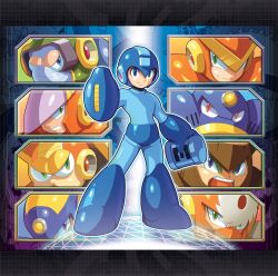 6+boys air_man android arm_cannon blue_eyes blue_helmet bodysuit bubble_man circular_saw crash_man energy_tank everyone flash_man green_eyes heat_man helmet highres holding legs_apart male_focus mega_man_(character) mega_man_(classic) mega_man_(series) mega_man_2 metal_man multiple_boys open_mouth quick_man red_eyes robot saw smile standing ultimatemaverickx violet_eyes weapon wood_man 