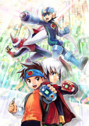  4boys arm_blade arm_cannon armor assault_visor backpack bag battle_chip black_bag black_bodysuit black_hair black_shirt blue_bodysuit blue_boots blue_eyes blue_gloves blue_headband blue_helmet bodysuit boots brown_eyes brown_hair clenched_hand closed_mouth commentary cyberspace eugene_chaud_(mega_man) firing gloves green_eyes hair_between_eyes headband helmet highres holding itsukikanuma lan_hikari_(mega_man) long_hair long_sleeves looking_at_viewer looking_to_the_side male_focus mega_man_(series) mega_man_battle_network_(series) megaman.exe midair multicolored_hair multiple_boys netnavi open_mouth orange_vest personal_terminal protoman.exe red_armor red_boots red_helmet red_vest school_bag serious shirt short_hair sidelocks smile spiky_hair teeth two-tone_hair upper_teeth_only very_long_hair vest weapon white_hair white_shirt 