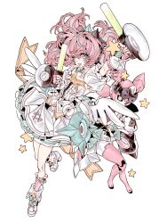  2girls black_bow blue_eyes blue_hair blue_streaks blush bow center_frills collarbone commentary dress dual_persona english_commentary fingerless_gloves frilled_sleeves frills full_body gloves glowstick green_bow green_eyes hair_bow highres holding holding_glowstick humanoid_robot joints layered_dress looking_at_viewer mechanical_arms mechanical_ears mechanical_legs metal_skin multicolored_hair multiple_girls one_eye_closed open_mouth penlight_(glowstick) pink_gloves pink_hair polka_dot polka_dot_bow robot robot_girl robot_joints shoes short_twintails simple_background sparkling_eyes star_(symbol) streaked_hair sweatdrop twintails white_background white_dress white_shoes xjgfhvg yutane_johiel zenless_zone_zero 