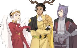  1girl 2boys animal_ears antlers armor ascot bird_girl bird_wings black_hair brown_hair cape claude_von_riegan claude_von_riegan_(timeskip) commentary_request dark_skin deer_antlers deer_boy deer_ears edelgard_von_hresvelg edelgard_von_hresvelg_(timeskip) fake_horns fire_emblem fire_emblem:_three_houses fire_emblem_shadows gold_cape hair_bun highres horns long_hair long_sleeves medium_hair multiple_boys nanao_parakeet purple_hair red_cape short_hair sideburns simple_background violet_eyes white_ascot white_background white_hair wings wolf_boy wolf_ears yellow_cape yuri_leclerc yuri_leclerc_(timeskip) 