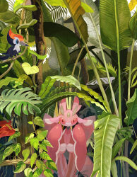  1girl absurdres antennae arthropod_girl bird blue_eyes branch colored_sclera furry furry_female highres jungle leaf lurantis mantis_girl nature pikipek plant pokemon pokemon_(creature) pokemon_focus red_sclera tree yj0i0 