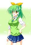  alternate_hairstyle breasts cosplay frog green_hair hair_ornament hand_on_hip hips kochiya_sanae midorikawa_nao midorikawa_nao_(cosplay) necktie osashin_(osada) ponytail precure school_uniform shin_osada skirt sleeves_rolled_up smile_precure! snake solo sweater_vest touhou yellow_eyes 