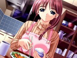  1girl apron asakura_rina blue_eyes bowl breasts cabinet chopsticks game_cg holding holding_chopsticks looking_at_viewer m&amp;m_(mickey_and_mackey) medium_breasts medium_hair onna_kyoushi pink_apron pov_across_table red_hair rice rice_bowl sitting smile sweater turtleneck turtleneck_sweater 