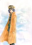  belt_pouch black_eyes black_hair cloud clouds formal fur_hat goggles goggles_on_hat hat kino kino_no_tabi looking_back maroko paint_(medium) reverse_trap short_hair sky suit traditional_media trench_coat wind 